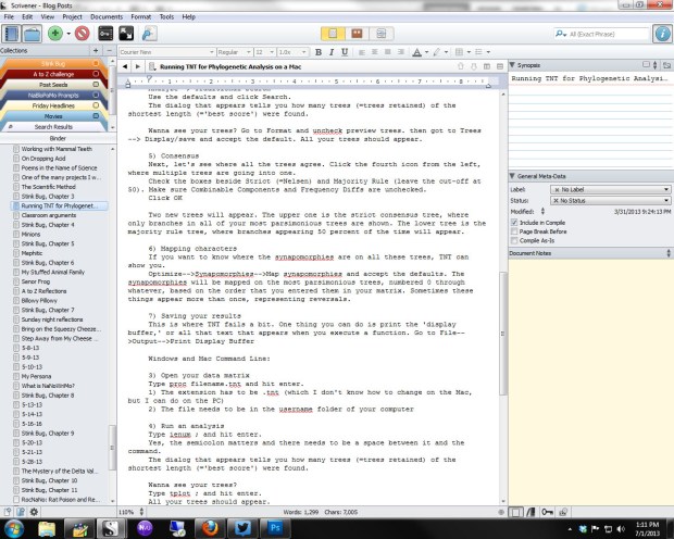 Scrivener being used for keeping track of my blog posts