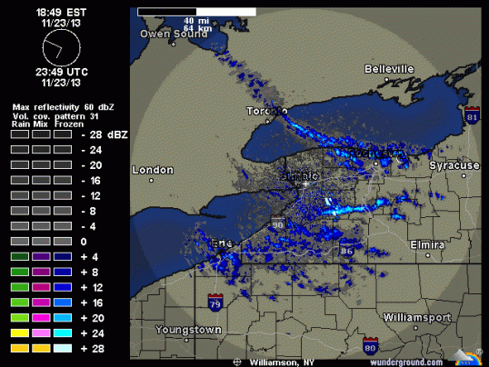 Bands of Lake Effect Snow visible on radar, November 23, 2013. From Weather Underground.
