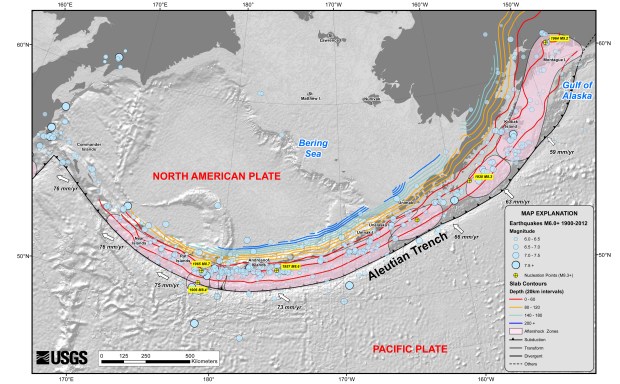 The Aleutian Islands, showing how the Pacific Plate is moving below them. Credit: USGS