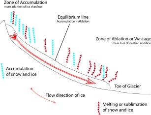 Illustration showing the relative amounts of accumulation and loss of ice along the extent of a glacier.