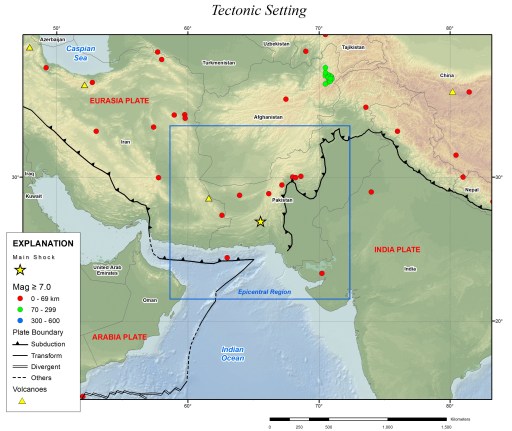 Tectonic setting around Tuesday's earthquake in Pakistan. Arabia is subducting below the Eurasian Plate, while India is colliding. Credit: USGS