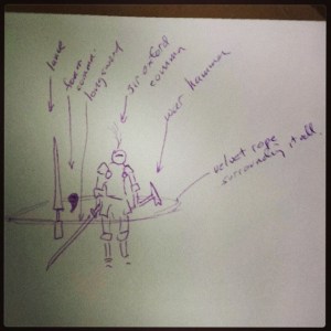 Sir Oxford Comma costume. Requires three things in a list. Now, how to suspend the lance and ropes?