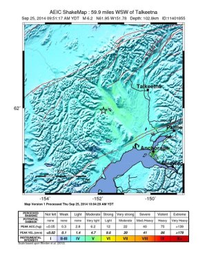 Intensity of the 6.2 magnitude quake near Anchorage. Cool colors indicate low intensity of shaking. Credit: USGS