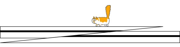A thrust fault, a special case of a reverse fault. The cat is standing on the hanging wall. The dark band was once continuous across the fault. The hanging wall has moved up relative to the footwall.