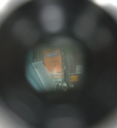 Through the eyepiece. The light spot in the middle is where the two images overlap.