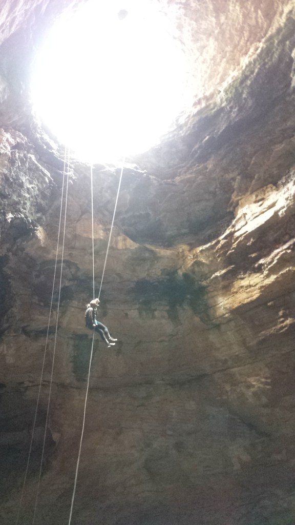 Toilet Paper Man, aka John Logdson, descends into the cave with a roll of toilet paper attached to his helmet. Our hero!