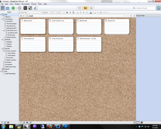A more complex manuscript in cork board mode. Notice the stacks of notecards.