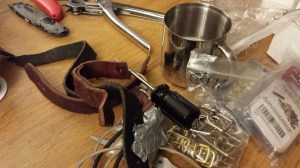 Various buckles and straps. Notice also the omnipresent mug full of my homebrew.