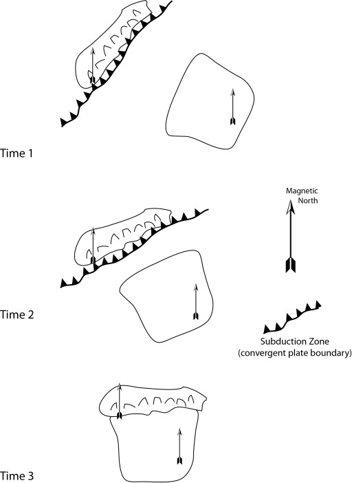 The positions of Cupcakeia and Frosteringia during times 1, 2, and 3. The small arrow shows the direction of magnetic north when the continents were in their various positions.