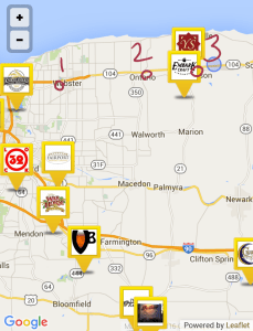Map showing the approximate locations of the three grocery stores that I visited. Local breweries are also noted. This image comes right from the Untappd app.