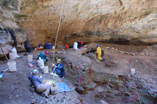 In the foreground, taking down some overburden to an abundantly fossiliferous layer. In the back, quarrying some large bones from the same layer.
