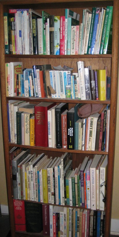 The top shelves are various field guides. The rest is about horses and art (which coexist in my mind).
